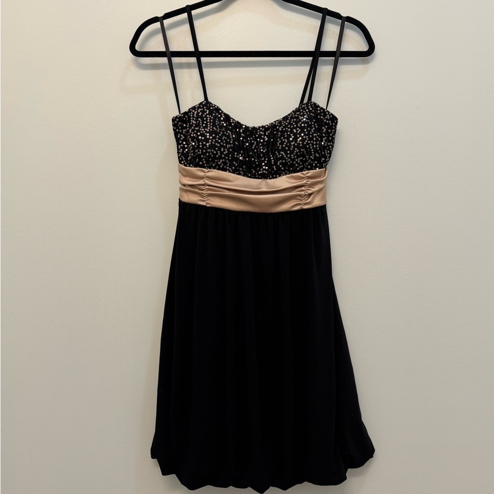Y2K Black Dress with Gold Sequins & Bubble Skirt